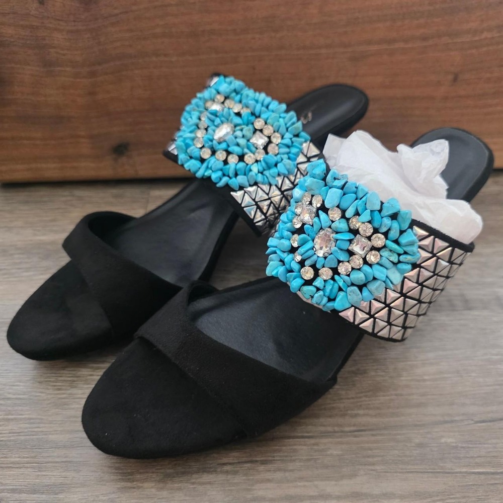 Midnight Velvet Turquoise Crystal Embellished Mule Heels Black Suede Size 12M